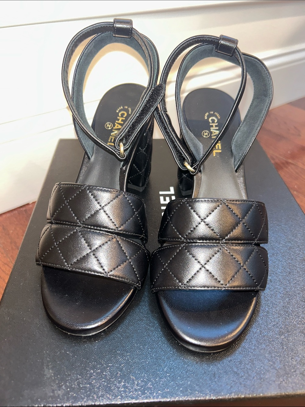 New Authentic CHANEL lambskin Black Quilted Leather Strap Heel Sandals with box